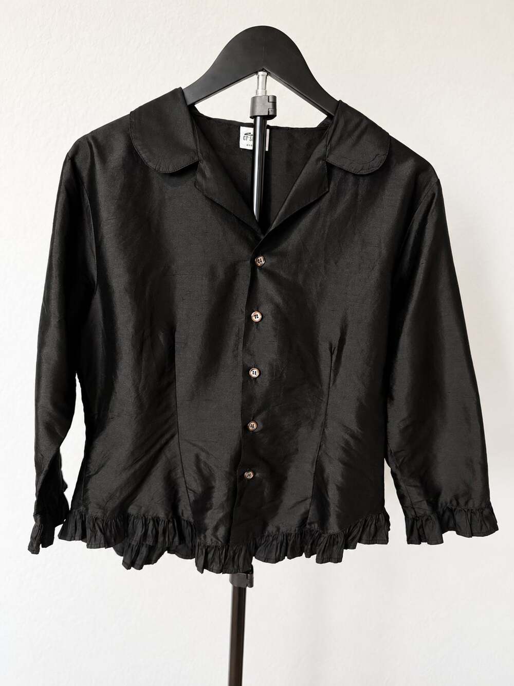 Vintage CP Shades Black 100% Silk Ruffle Button Blouse Small